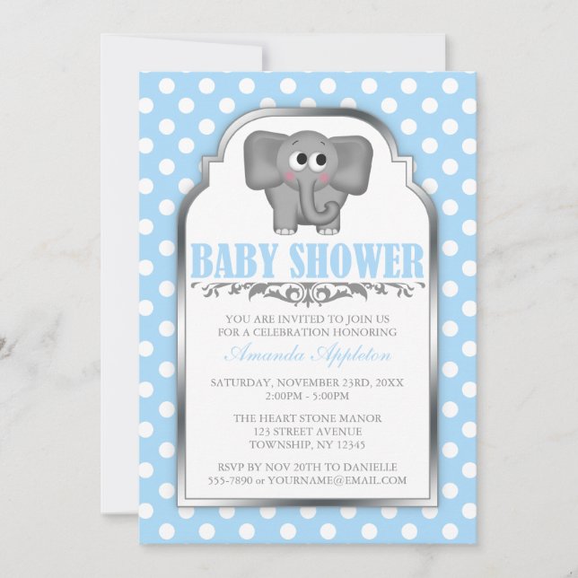 Invitation Baby shower bleu Polka Dot de l'éléphant (Devant)