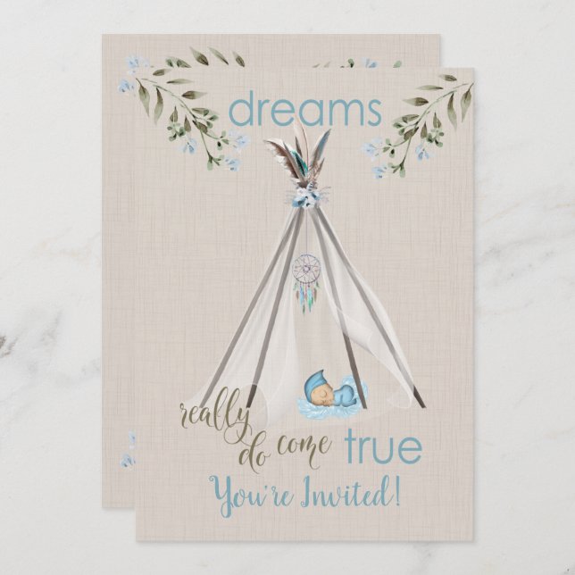 Invitation Baby shower bleu pour garçons Boho DreamCatcher Ti (Devant / Derrière)