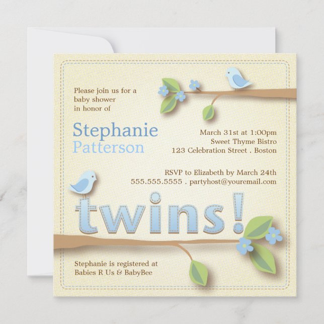 Invitation Baby shower Bleu pour les bonbons Birdie Twin Boys (Devant)