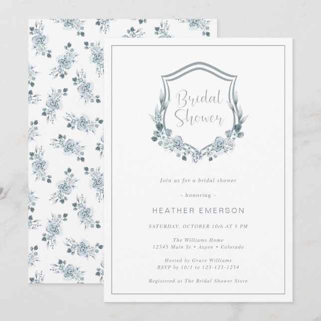 Invitation Baby Shower Bleu Poussiéreux (Devant / Derrière)