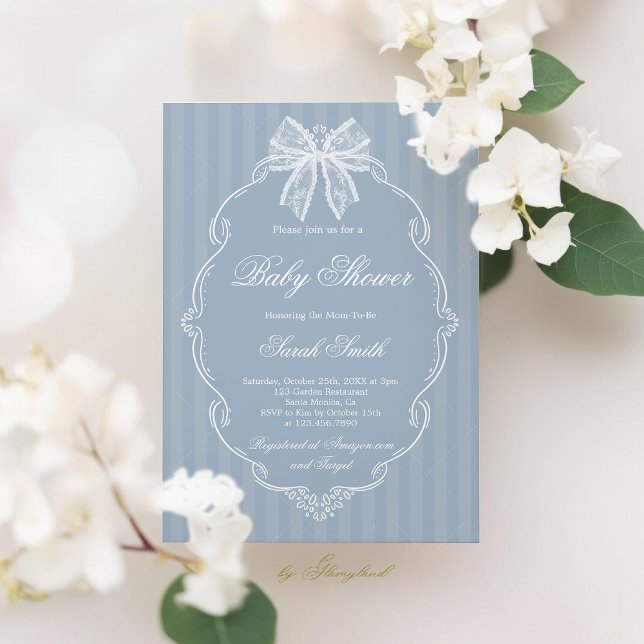 Invitation Baby Shower Bleu Poussiéreux Dentelle (Créateur téléchargé)