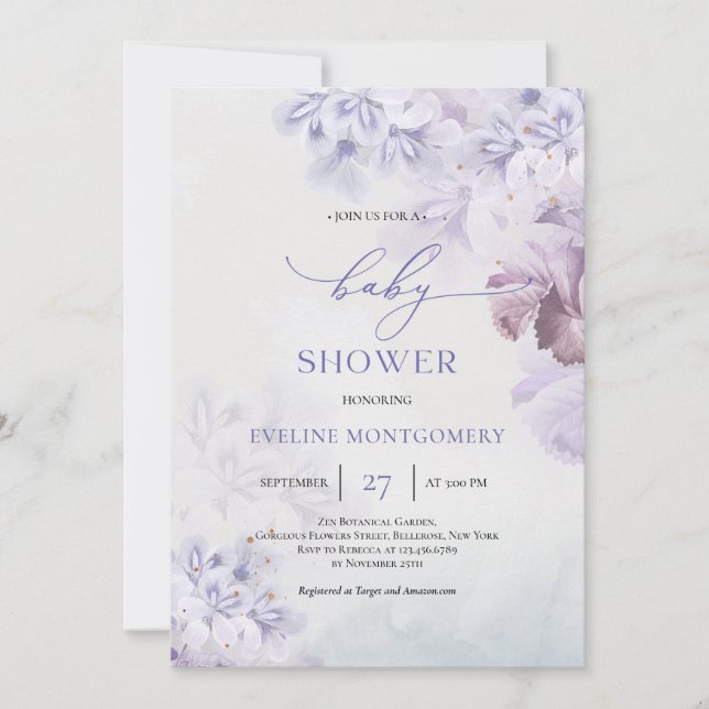 Invitation Baby shower bleu poussiéreux printemps doux fleurs (Devant)