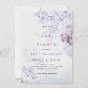 Invitation Baby shower bleu poussiéreux printemps doux fleurs