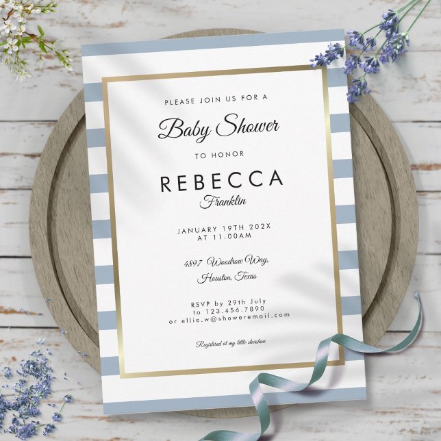 Invitation Baby Shower Bleu Poussiéreux Rayé Or (Dusty Blue Stripe Gold Baby Shower Invitation)