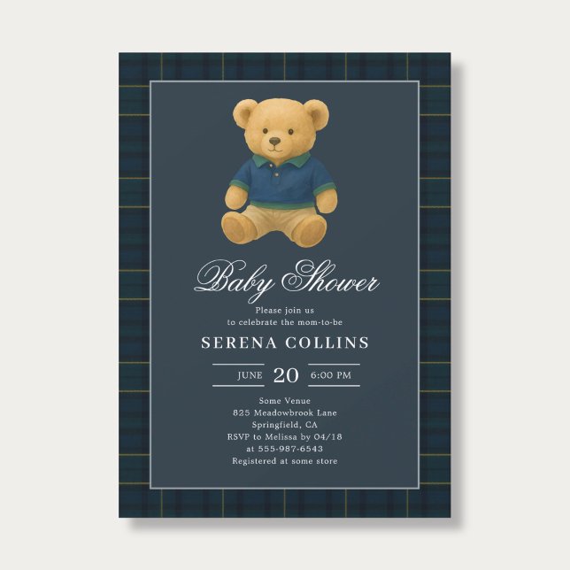 Invitation Baby shower bleu Preppy Teddy Bear (Créateur téléchargé)