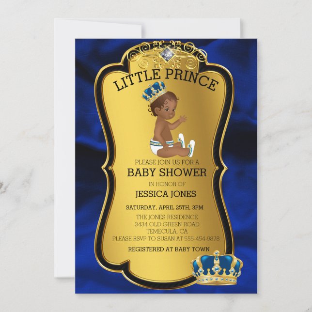 Invitation Baby Shower Bleu Prince Afro-Américain (Devant)