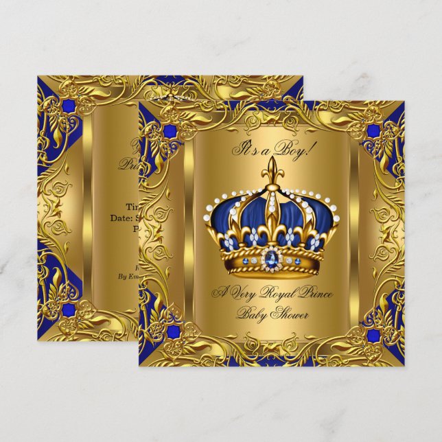 Invitation Baby shower bleu Prince Royal Boy Regal Gold 3 (Devant / Derrière)