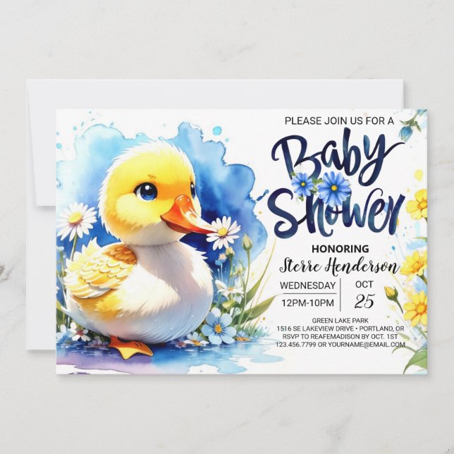 Invitation Baby shower bleu Quacking (Devant)