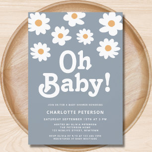Invitation Baby shower bleu Retro Daisy