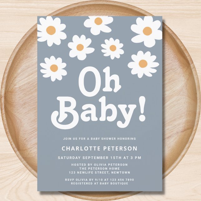 Invitation Baby shower bleu Retro Daisy (Créateur téléchargé)