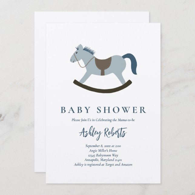 Invitation Baby shower bleu Rocking Horse (Devant / Derrière)