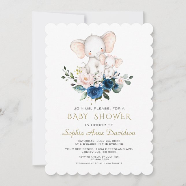 Invitation Baby shower bleu rose Eléphant (Devant)