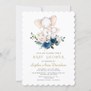 Invitation Baby shower bleu rose Eléphant