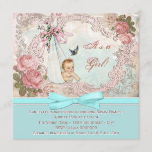 Invitation Baby shower bleu rose et turquoise vintage