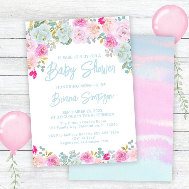 Invitation Baby Shower Bleu Rose Pêche Violet (Créateur téléchargé)