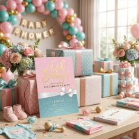 Baby Shower Bleu Rose Ruban Blanc Écriture Dorée