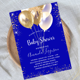 Invitation Baby shower bleu royal ballon d'or scintille