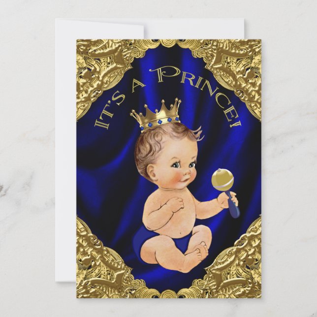Invitation Baby Shower Bleu Royal Satin Or Prince (Devant)