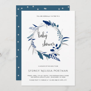 Invitation Baby shower Bleu Rustique Wreath Botanique