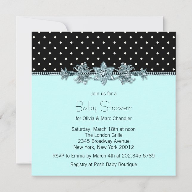 Invitation Baby Shower Bleu Sarcelle à pois noirs (Devant)