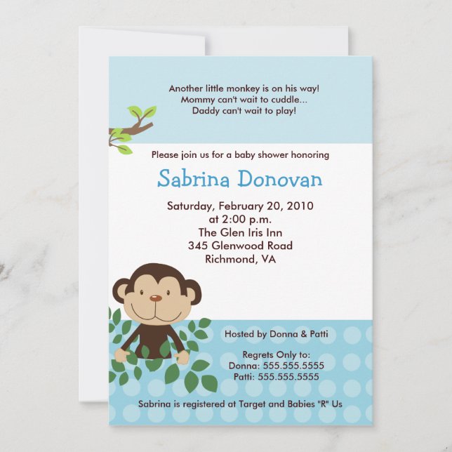 Invitation BABY SHOWER bleu singe MONKAROONI (Devant)