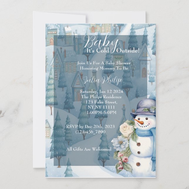Invitation Baby shower bleu. Thème hiver (Devant)