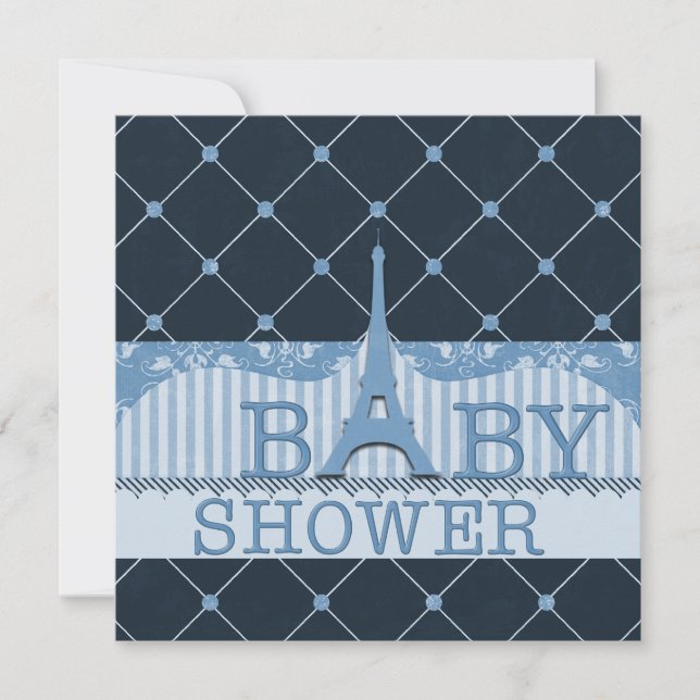 Invitation Baby shower bleu Tour Eiffel chic (Devant)