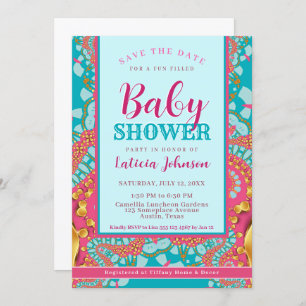 Invitation Baby shower ・ Bleu Turquoise et rose Moderne Abstr