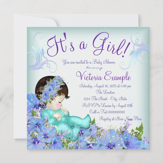 Invitation Baby shower bleu turquoise et violet (Devant)
