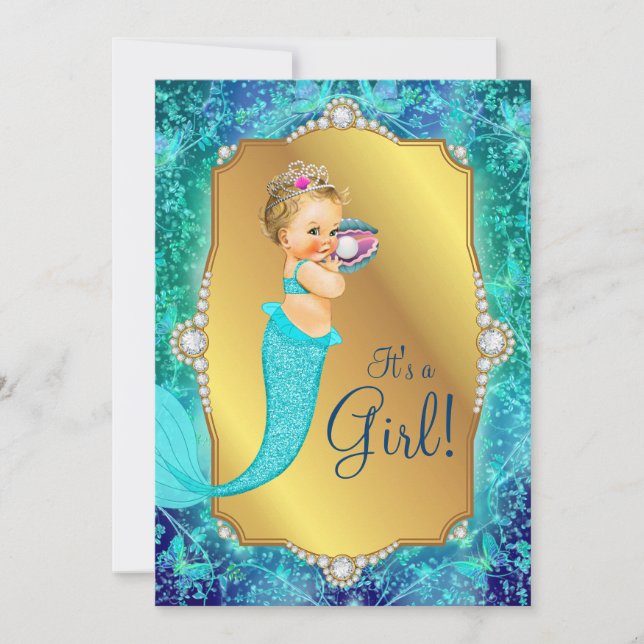 Invitation Baby Shower Bleu Turquoise Or Sous L'Océan (Devant)