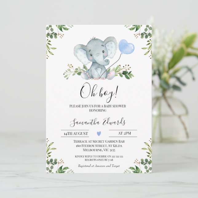 Invitation Baby shower bleu verdure Eléphant Oh Garçon (Debout devant)