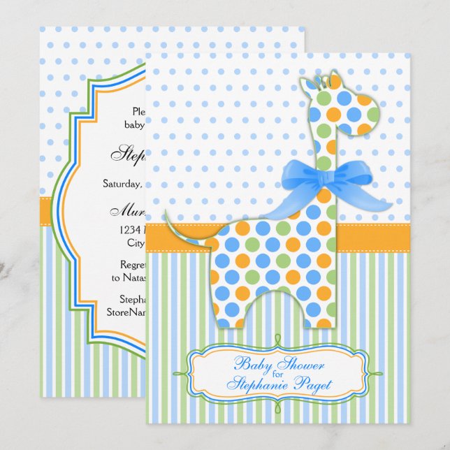 Invitation Baby shower bleu vert orange Giraffe (Devant / Derrière)