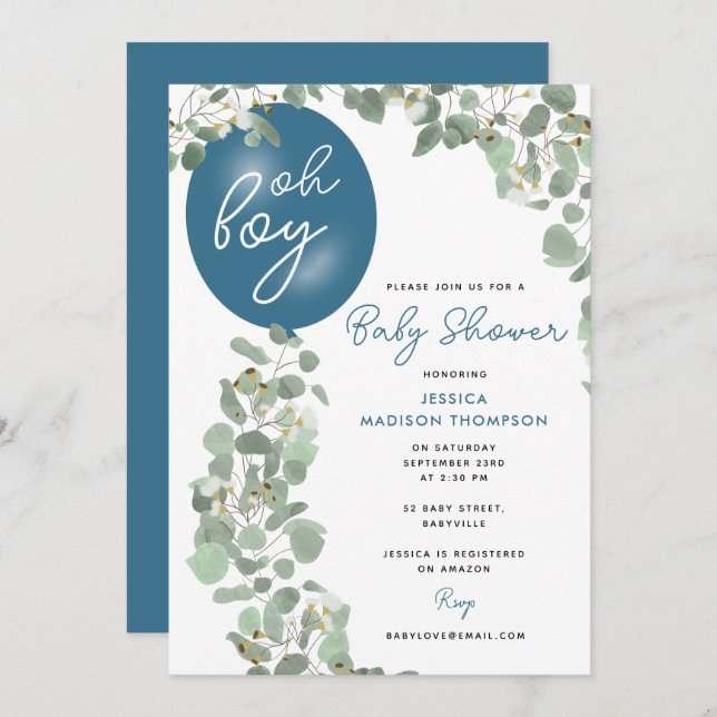 Invitation Baby shower bleu volcan Oh Boy Eucalyptus moderne (Devant / Derrière)