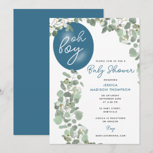 Invitation Baby shower bleu volcan Oh Boy Eucalyptus moderne
