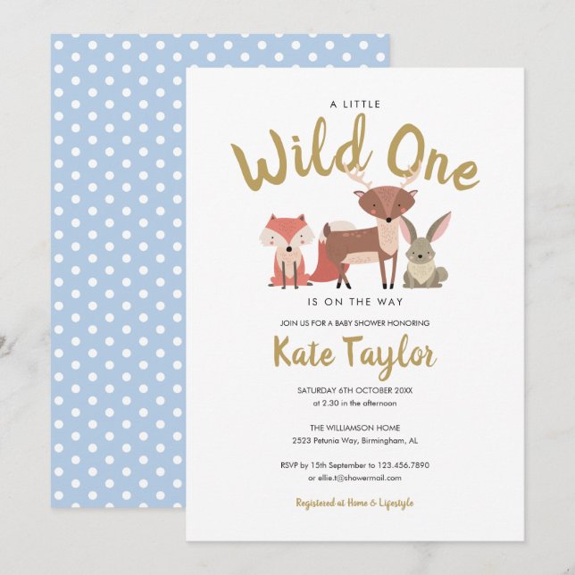 Invitation Baby shower bleu Wild One Woodland Animaux (Devant / Derrière)