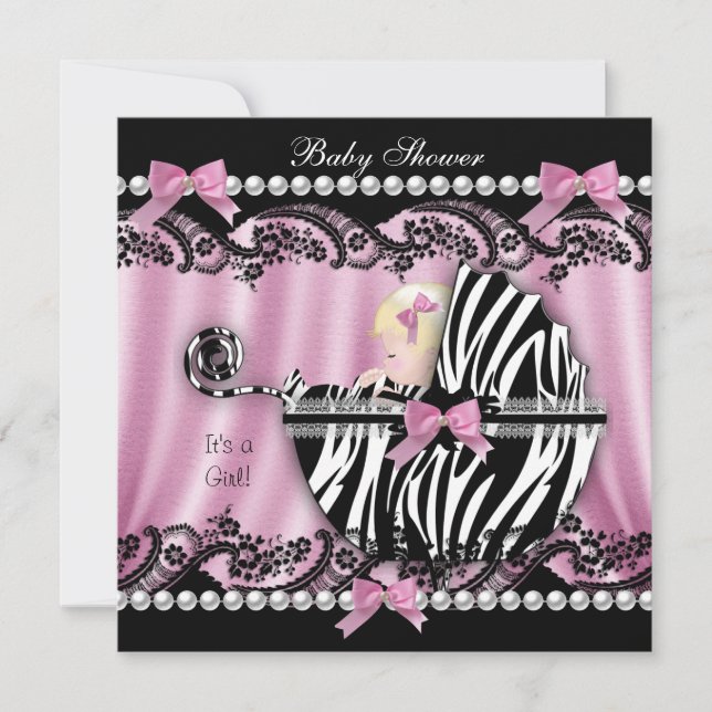 Invitation Baby shower Blonde Haired Girl rose Zebra 2 (Devant)