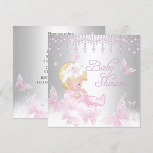 Invitation Baby Shower Blonde Papillon aux Paillettes Rose Ar