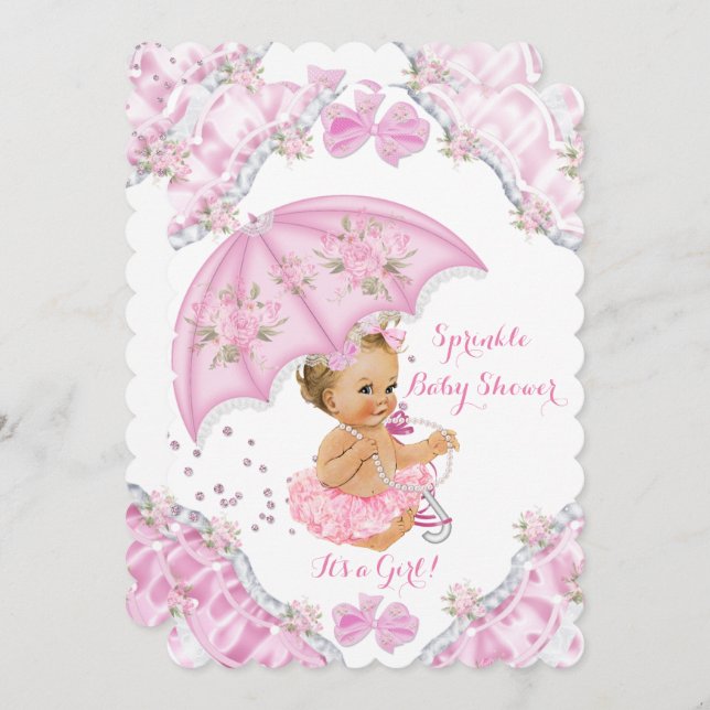 Invitation Baby shower Blonde Parapluie rose Fleurs Fille (Devant / Derrière)
