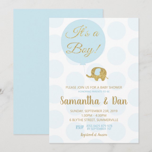 Invitation Baby shower Blue and Gold (Devant / Derrière)
