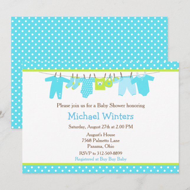 Invitation Baby shower Blue and Green Baby Line (Devant / Derrière)