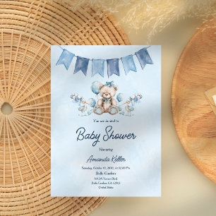 Invitation Baby shower Blue Baby Bear & Balloons