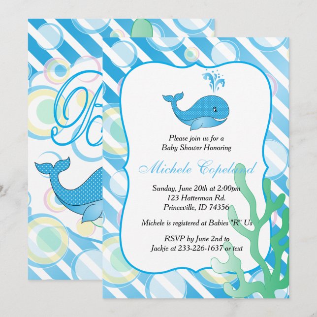 Invitation Baby shower Blue Baby Boy Whale (Devant / Derrière)
