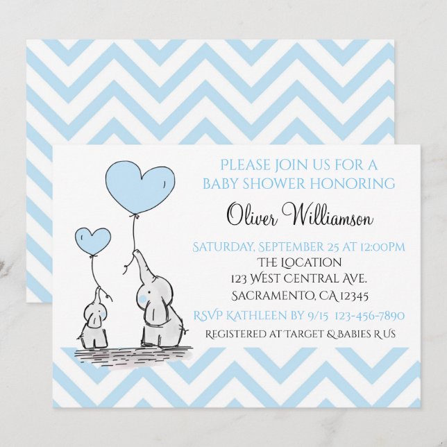 Invitation Baby shower Blue Baby Elephant avec Coeur Personna (Devant / Derrière)
