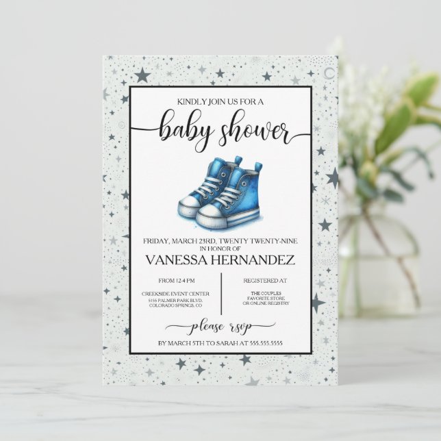Invitation Baby shower Blue Baby High Tops (Debout devant)