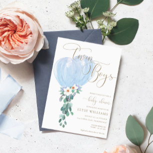 Invitation Baby shower Blue Balloon Twin Boys