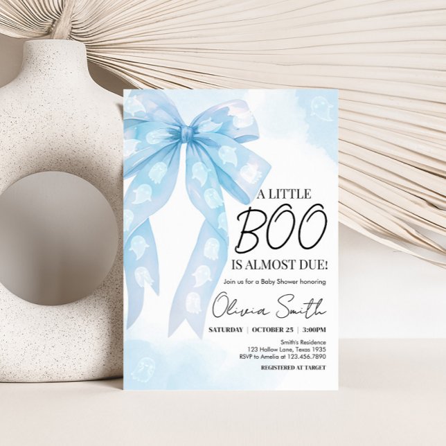 Invitation Baby shower Blue Bow Little Boo (Blue Bow Little Boo Halloween Coquette Baby Shower Invitation)
