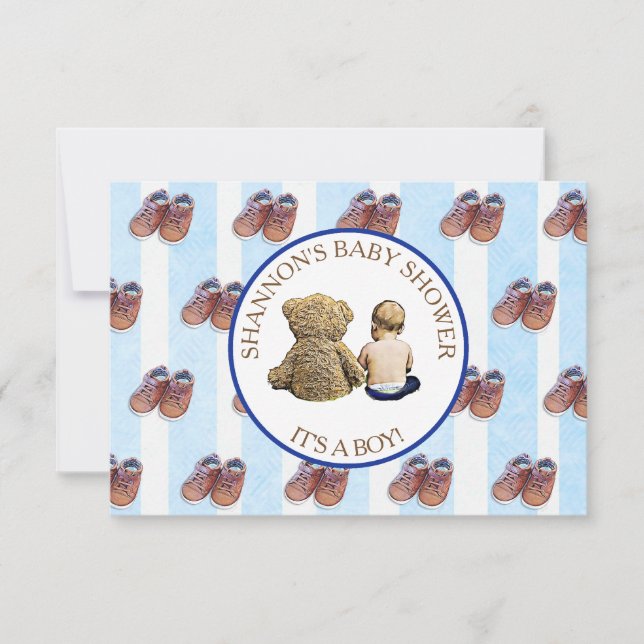 Invitation Baby shower Blue Boy Baby et Teddy Bear (Devant)