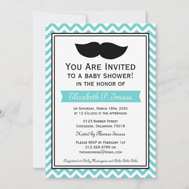 Invitation Baby shower Blue Boy Mustache Chevron (Devant)