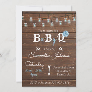 Invitation Baby shower Blue Boy Party BBBQ Rustique Bois
