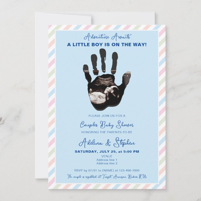 Invitation Baby shower Blue Boy Pastel Ultrasound Couples (Devant)